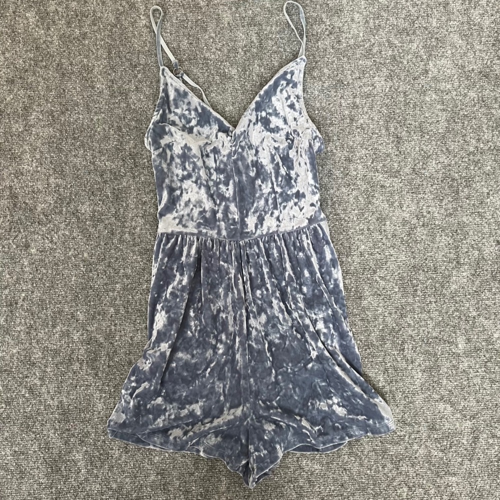 American Eagle Blue Crushed Velvet Romper Sleeveless V-Neck Strappy Back Small
